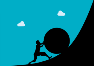 a man pushing a boulder up a cliff