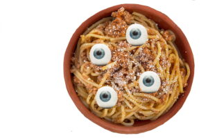 Eyeballs and spaghetti in a bowl