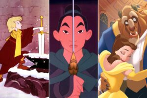 stills from the Disney movies The Stone and the Sword, Mulan, and Beauty and the Beast