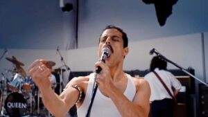 Rami Malek as Queen frontman Freddie Mercury, recording Night at the Opera in the studio.