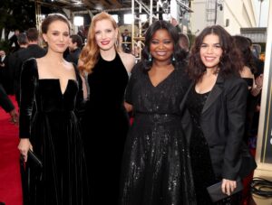 Natalie Portman, Jessica Chastain, Octavia Spencer, and America Ferrera wear black in support of the Time’s Up initiative.