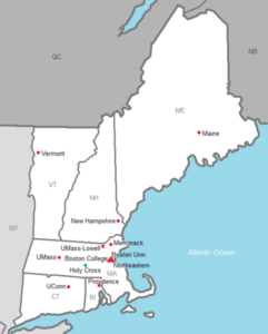 The above map depicts the close proximity of 11 of the Hockey East teams. The only location not shown is the University of Maine, which is located in the far north.