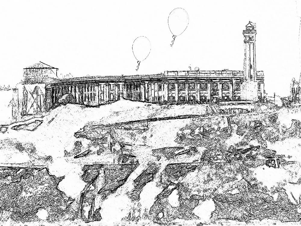 A pencil sketch of Alcatraz with balloons flying away from the prison 