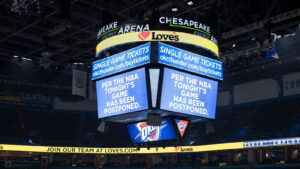 Jumbotron from Oklahoma City Thunder and Utah Jazz game, announcing the game's cancellation.