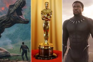 Three photos: far left, a still from Jurassic World, middle, an Oscar award, and right a still from Black Panther.