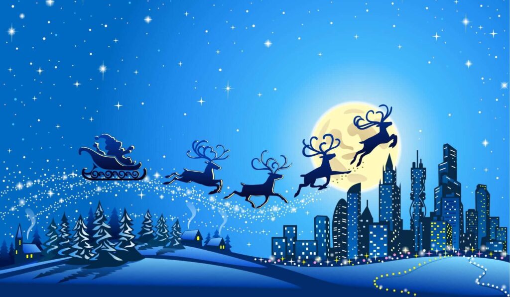 Santa riding on his sleigh being pulled by reindeer at night 