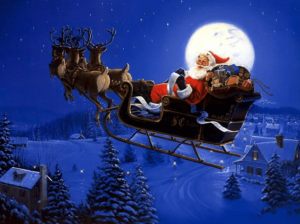 Santa Claus in his sleigh flying past the moon over a neighborhood