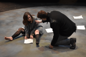 Jennifer Dorn and AJ Roskam rehearse a scene for Providence College's production of Hamlet