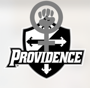 The Providence college logo with the symbol for feminism.