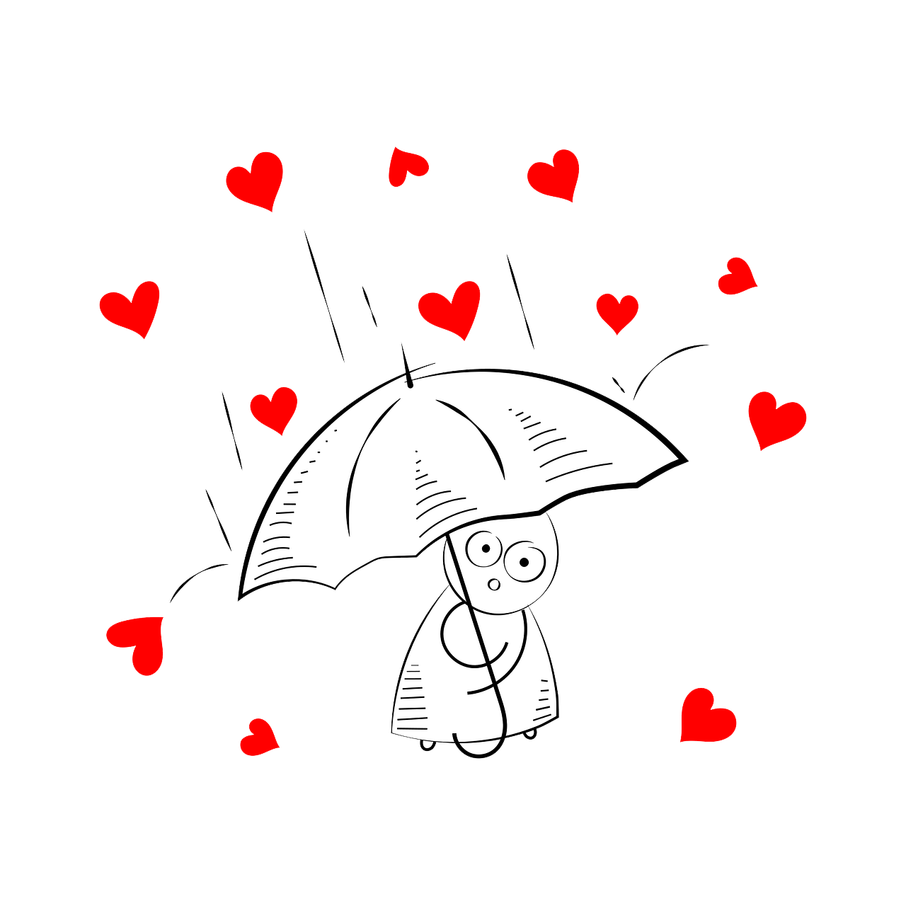 cartoon figure holding an umbrella to protect himself from heart shaped rain