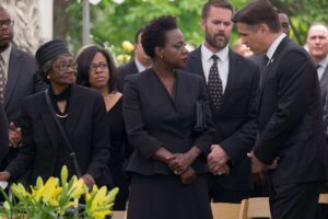 Viola Davis as gang leader Veronica and Colin Farrell as corrupt politician Jack in Widows.