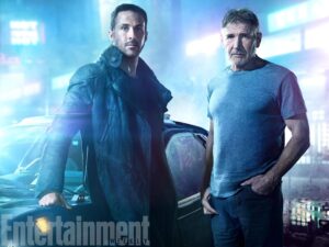 Ryan Gosling and Harrison Ford pose for a promotional photo for their new movie, Blade Runner 2049.