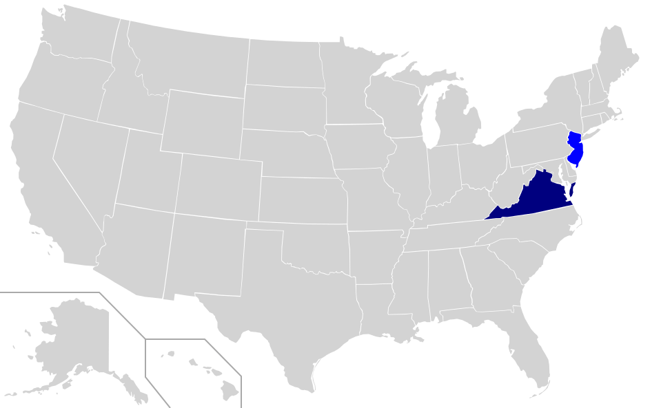 Map showing democratic wins in New Jersey and Virginia from the elections on November 7.
