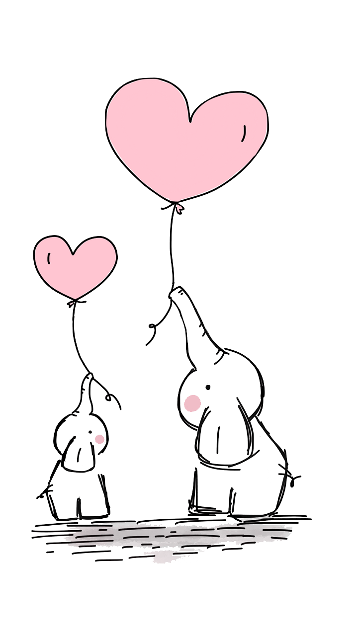two cartoon elephants holding heart balloons