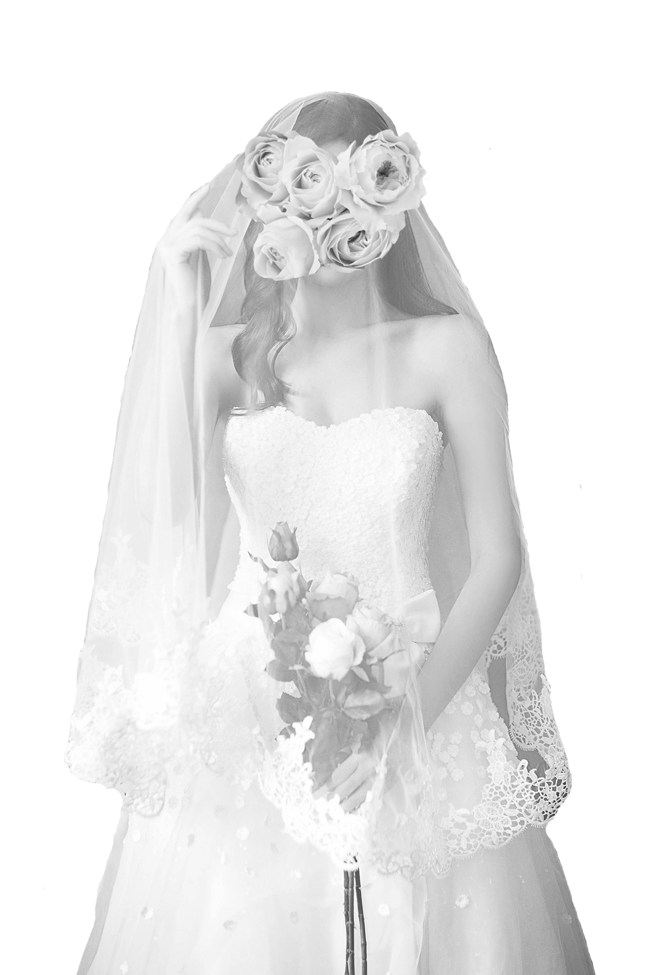 woman in a wedding dress, face covered by flowers