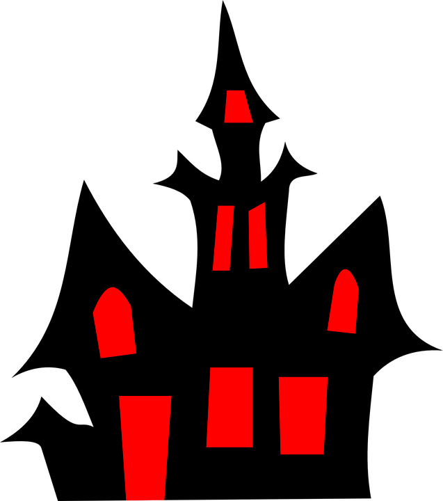 A spooky cartoon house in all black with red windows