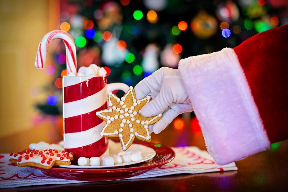 Santa reaching over a plate and grabbing a cookie