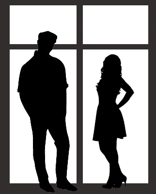 Silhouettes of a man and a woman in front of a Window frame