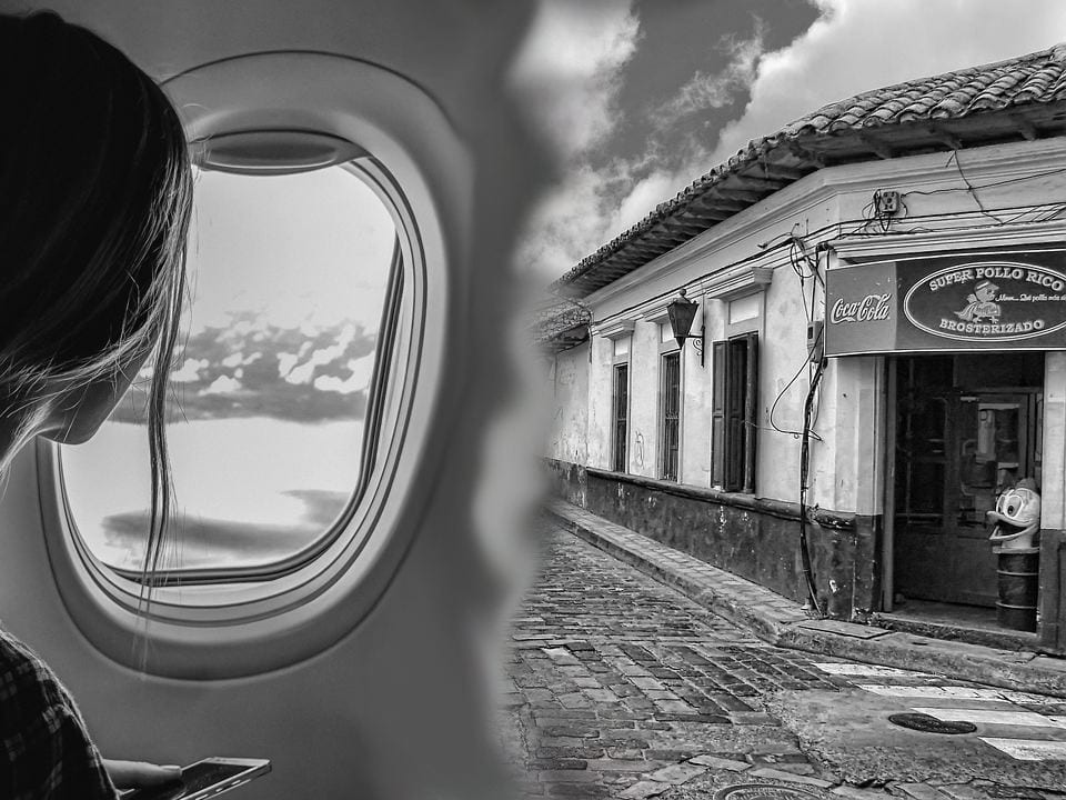 woman on an airplane looking into the sky; scene shifts to a rural Central American town storefront 