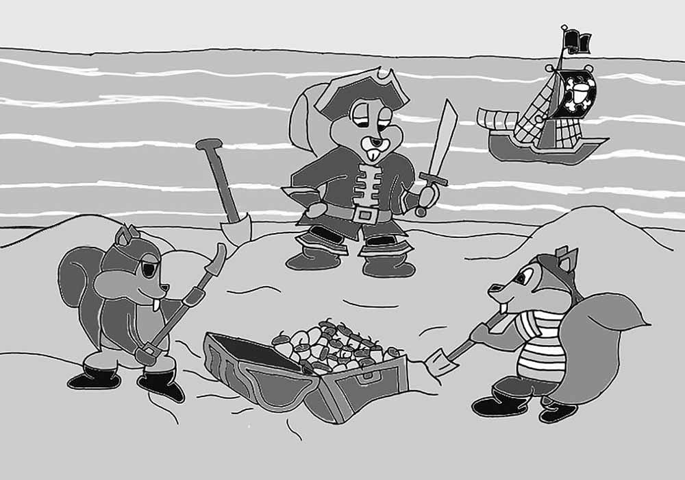 Squirrel pirate are burying their treasure chest full of acorns on a deserted island