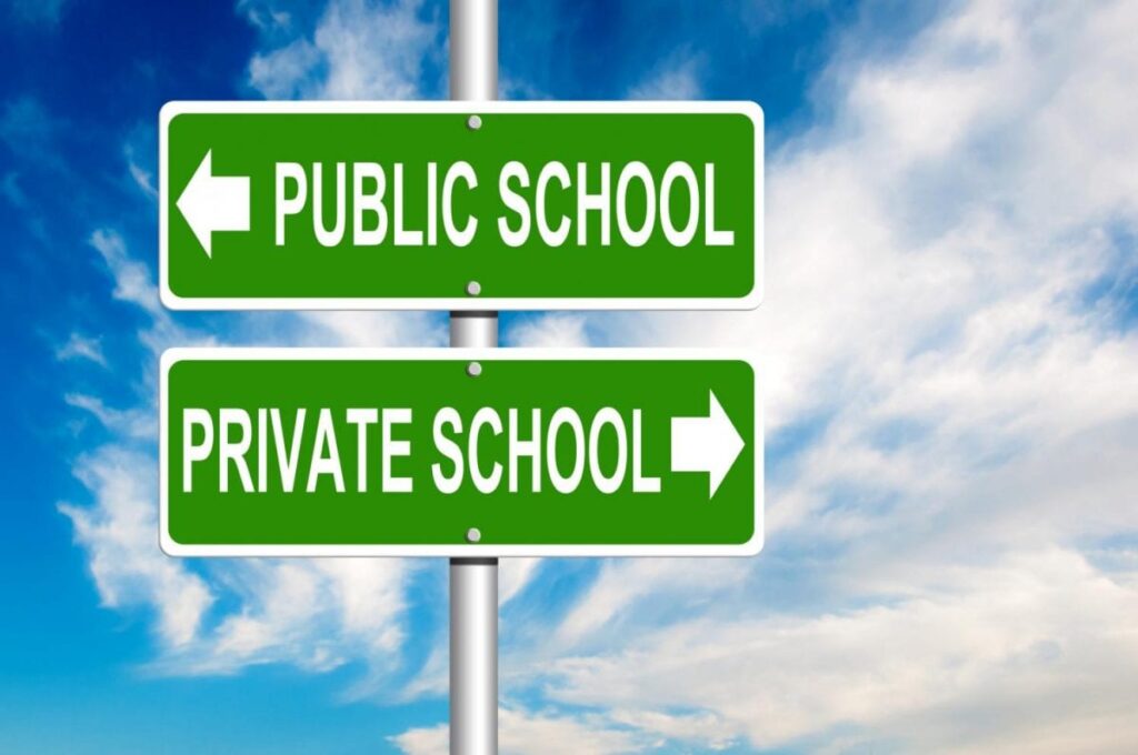 Photo of road signs with a sign that says "public school" pointing left and "private school" pointing right.