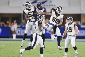Los Angeles Rams players celebrate touchdown.