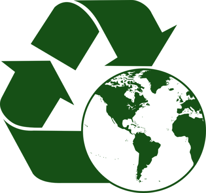 Graphic of recycle symbol around a globe.