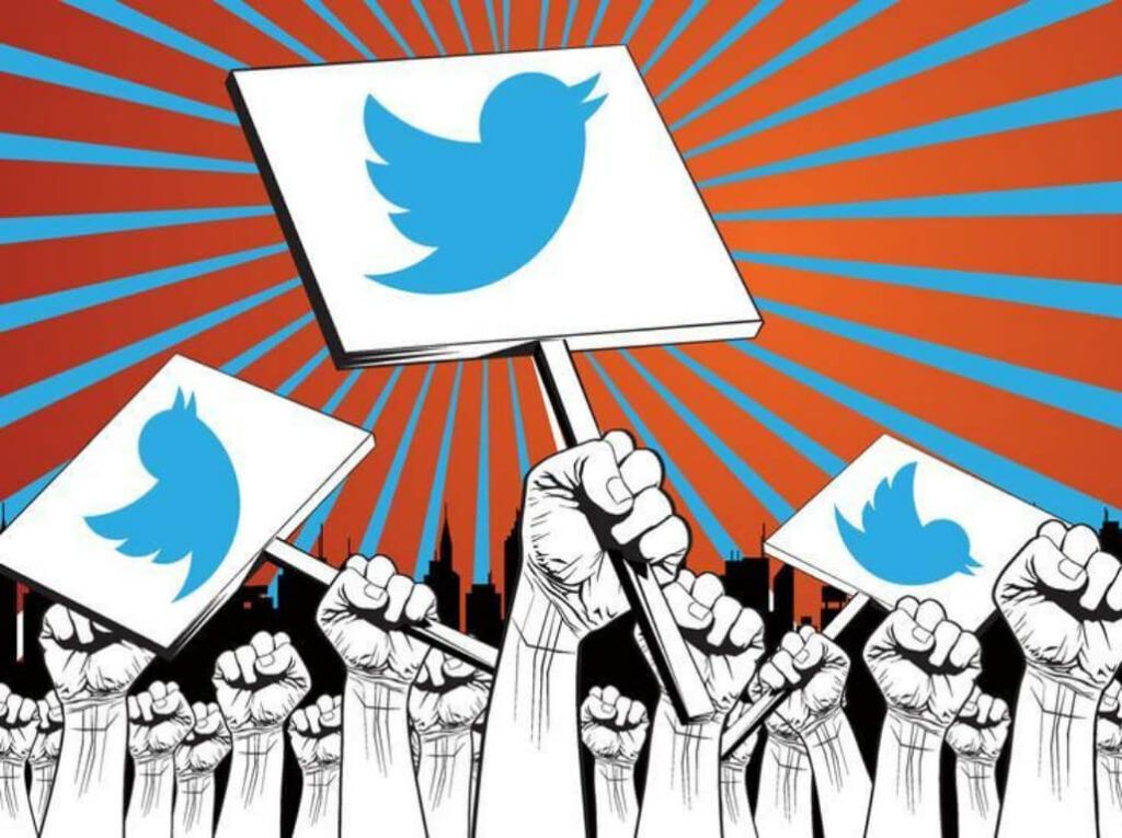 Graphic of hands holding up signs with the Twitter logo on them.